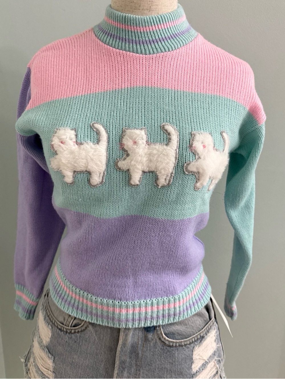 Vintage 80s Kitty Cat Acrylic Sweater XS S